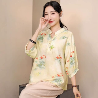 2025夏季中式国风女V领印花衬衫复古民族风天丝棉麻衬衣宽松T恤
