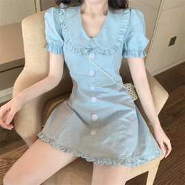 连衣裙女夏收腰显瘦法式拼接娃娃领新款修身a字裙泡泡袖荷叶边子