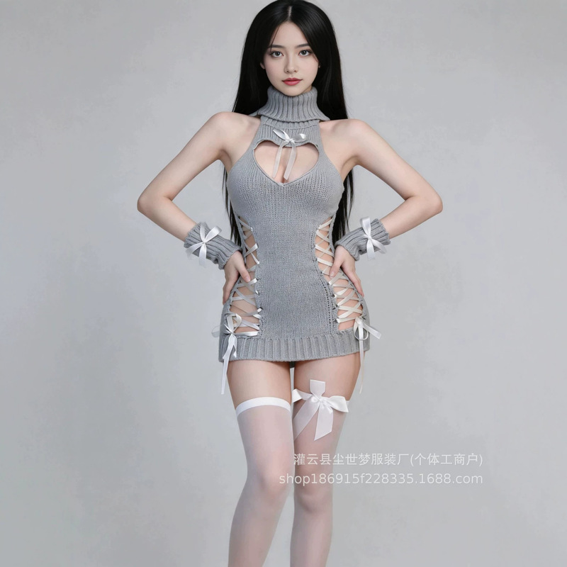 Hot Girl Style Halter Neck High-Neck Knitted Dress, Pure Desire Lace-Up Hollow-Out Slim Fit Bodycon Short Dress for Women Wholesale Hot Girl Style Halter Neck High-Neck Knitted Dress, Pure Desire Lace-Up Hollow-Out Slim Fit Bodycon Short Dress for Women Wholesale