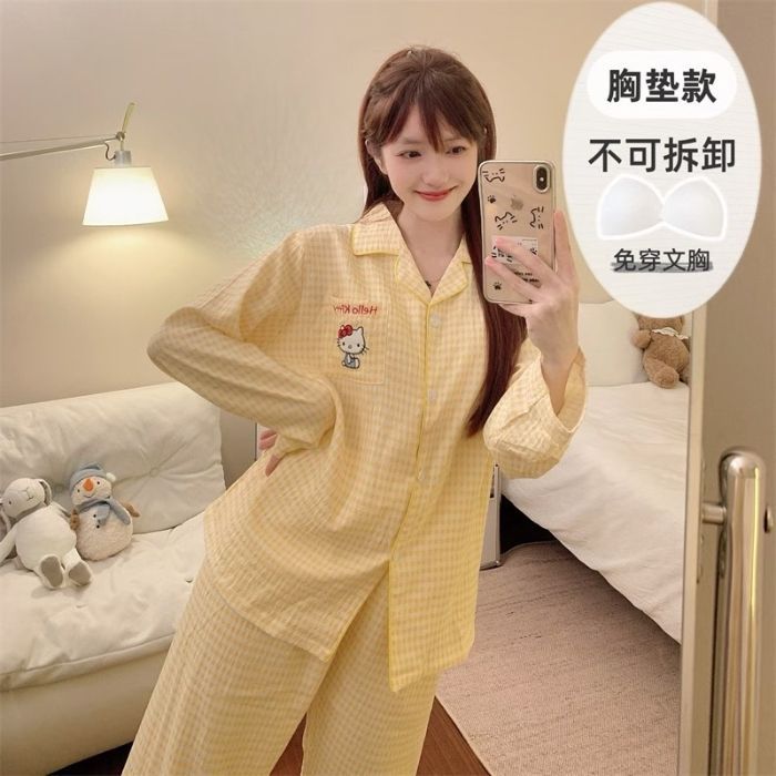 Al por mayor transfronterizo otoño nuevo pijama de nube de algodón con collar cardigan con cojín de pecho manga larga dulce conjunto de ropa de hogar