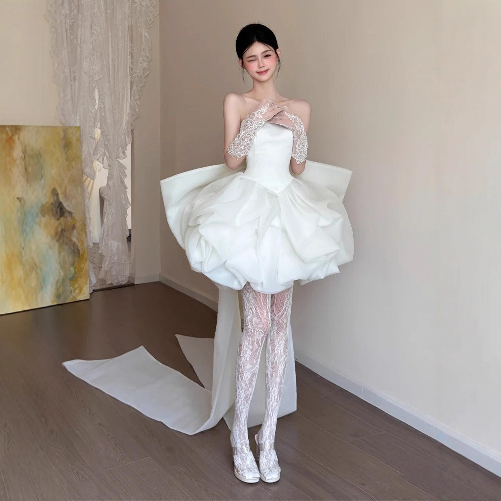 French-Style Light Wedding Dress for Petite Women, High-End Strapless Sweet White Banquet Reception Puff Engagement Gown