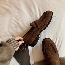 牛皮版复古英伦风绒面粗跟一脚蹬懒人乐福鞋女秋冬季葡萄妈同款鞋