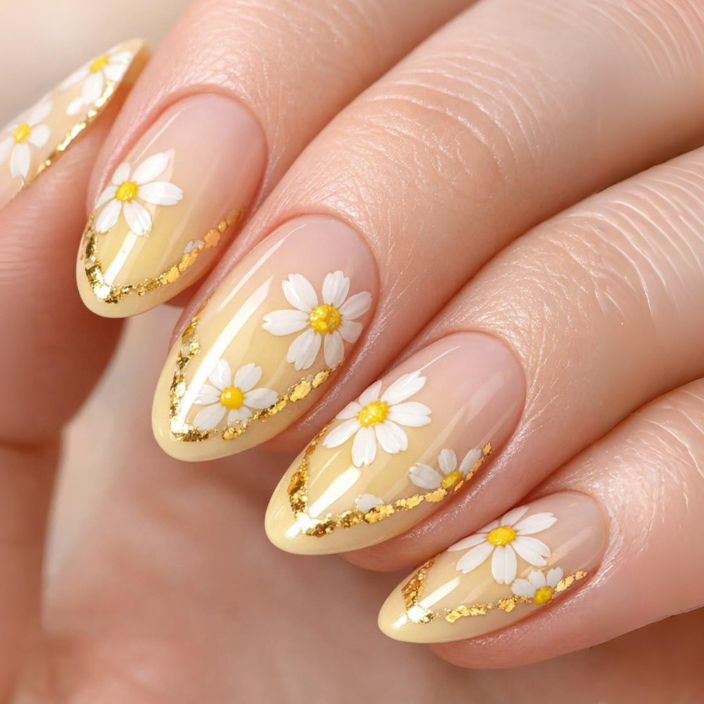 Verano Daisy Phnom Penh francés usar uñas comercio exterior blanco almendras uñas 30 piezas de uñas falsas lotes mixtos spot