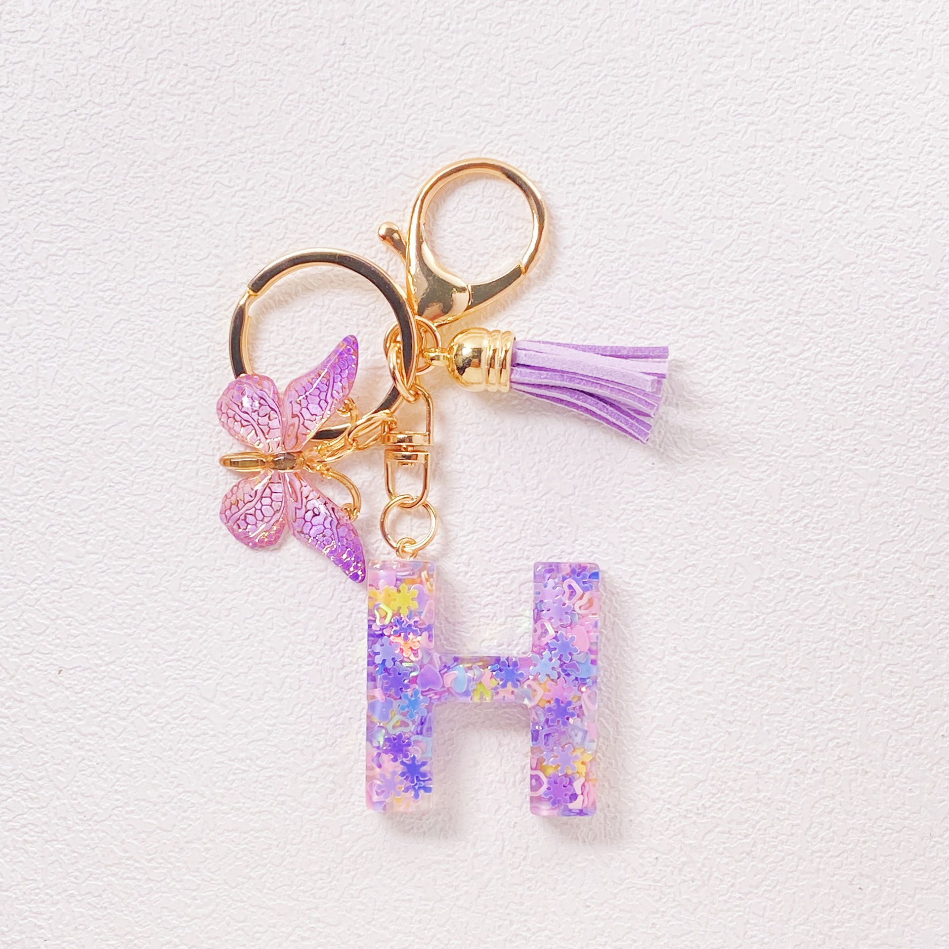 20g Weight Sequins Inlay Material Keychain Classification Daily Occasion Epoxy Material Letter, Butterfly Pattern Women's Gender Sweet Style Purple Color Letter Butterfly Keychain Epoxy Sequins Women's Sweet Keychain 9