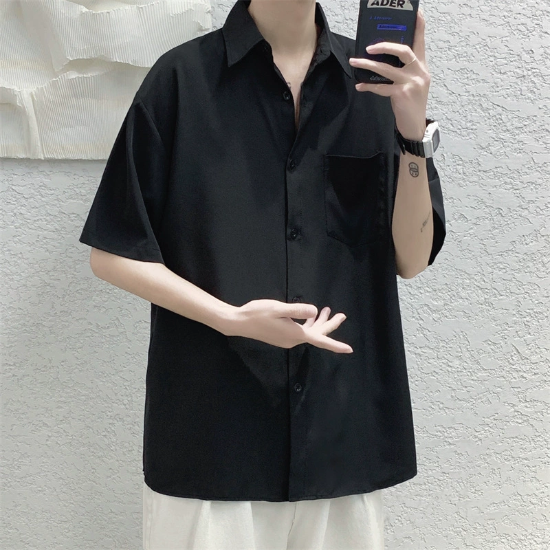 Летняя мужская рубашка из тонкого ледяного шелка с короткими рукавами, модная однотонная простая рубашка в корейском стиле, японская рубашка свободного кроя в стиле BF Hong Kong.