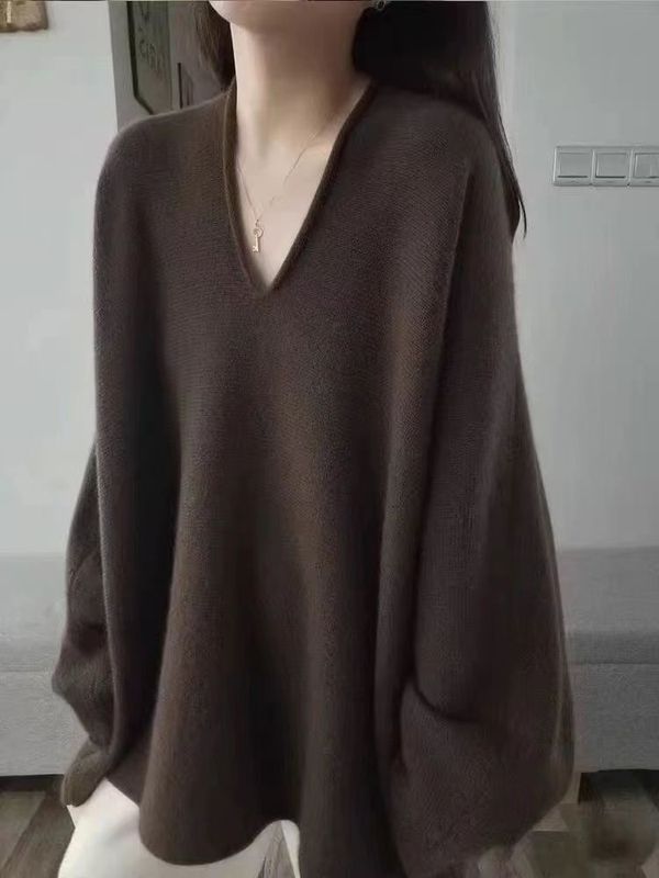 法式宽松慵懒V领针织衫女秋冬季新款设计感小众黑色套头长袖毛衣|undefined