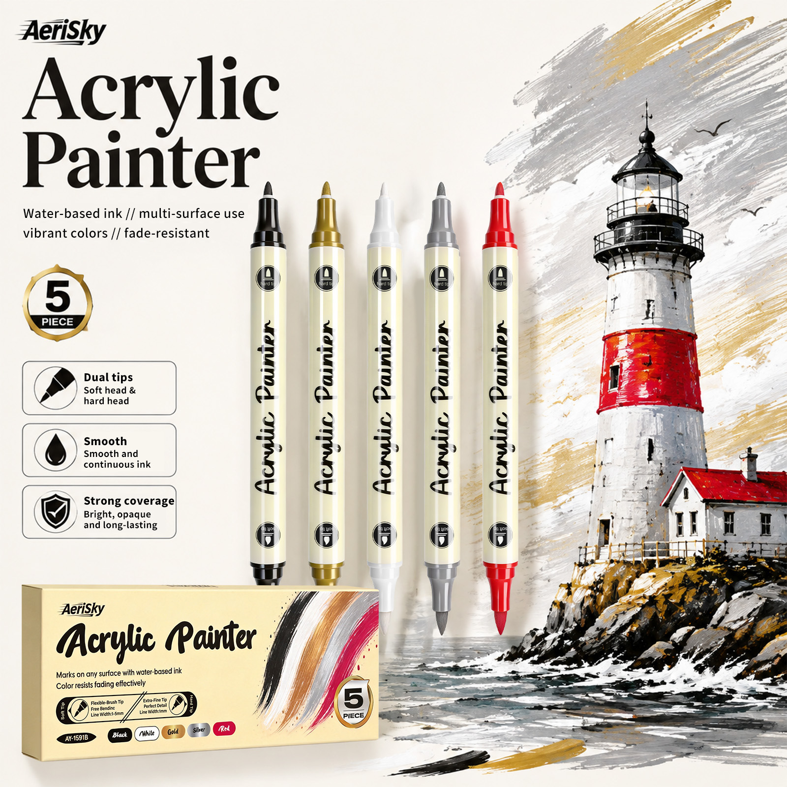 Cross-border double-ended acrylic marker pen, stackable colors, black, white, gold, silver, red, quick-drying, student art-specific high-gloss outline pen