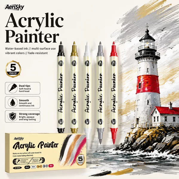 Cross-border double-ended acrylic marker pen, stackable colors, black, white, gold, silver, red, quick-drying, student art-specific high-gloss outline pen