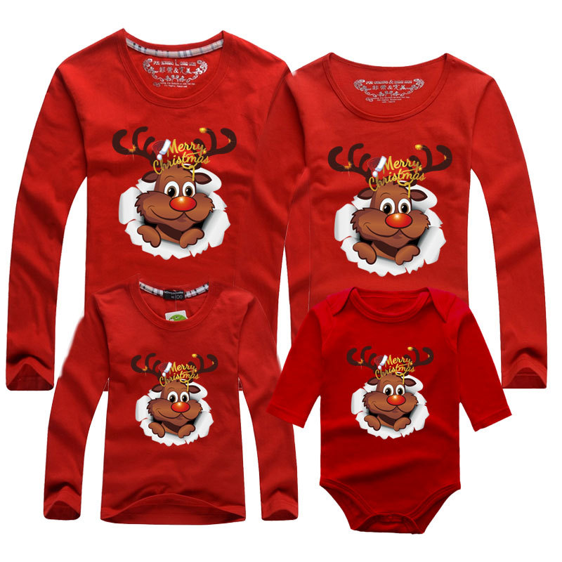Rojo Santa Claus camisa de manga larga tocando fondo nuevo padre-niño ropa de los niños mono cuello redondo de los hombres y las mujeres de manga larga Camiseta