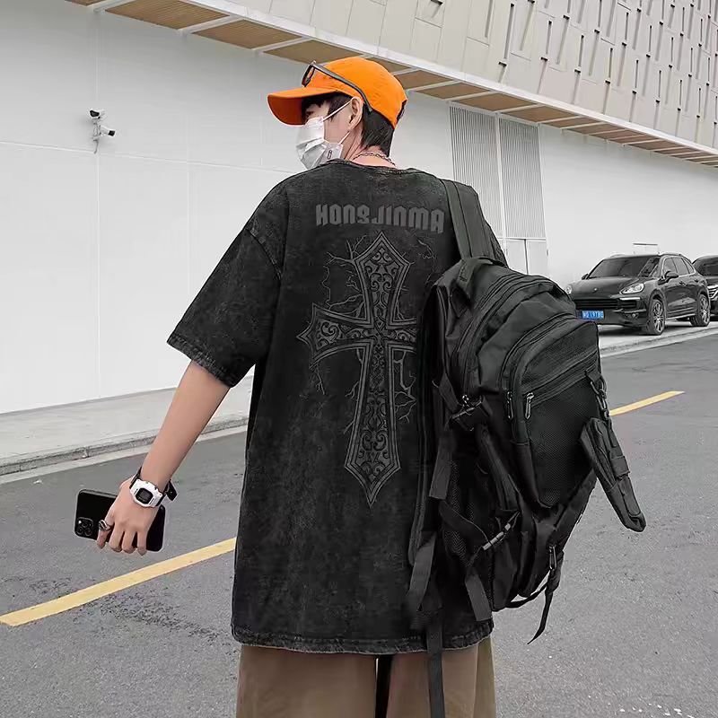 Camiseta de manga corta de algodón puro desgastado lavado retro americano para hombre, camiseta de media manga de marca holgada informal de verano para hombre