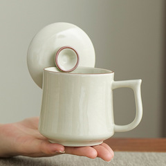 Ru Kiln ティーカップ、個人用、軽い高級感、蓋付き高級ロゴ彫刻、家庭用お茶ドクター節水カップ、お土産