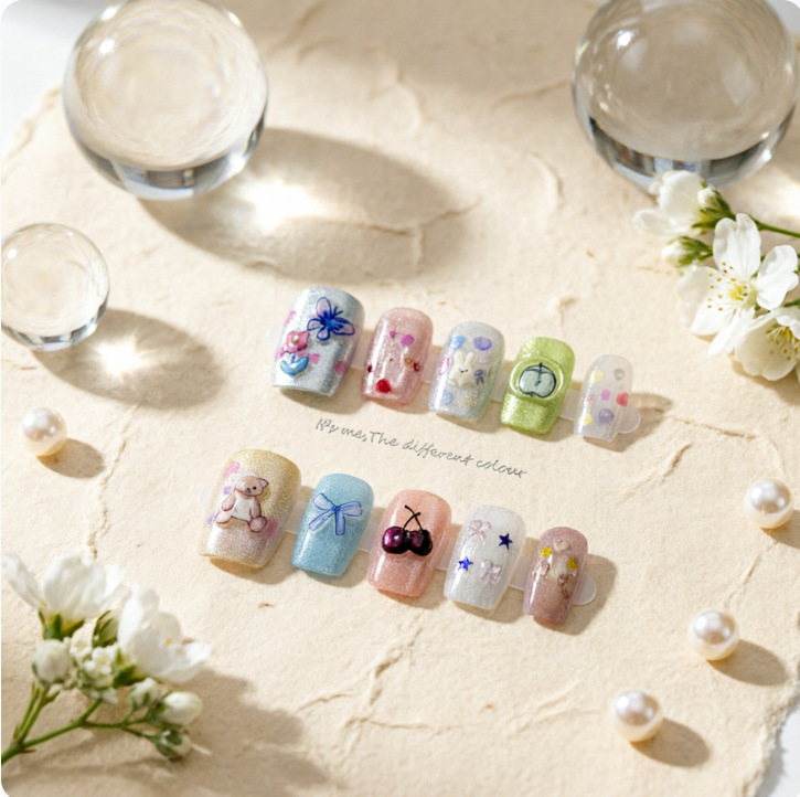 Oil Painting Bear Butterfly Ins Style Korean Girly Bowknot Cute Wearable Nails Ice Transparent Playful Nail Stickers