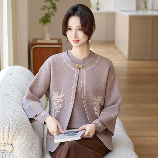 中老年人女秋季两件套婚礼宴妈妈装长袖奶奶外套秋冬针织毛衣新款