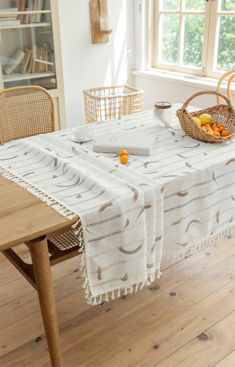 INS Rechteckige Tischdecke aus Vollpolyester, Jacquard-Druck, hohl, geometrisch gestreift, mit Quasten, für Couchtisch und Esstisch_voghion.com