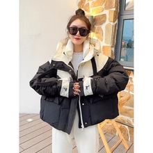 90白鸭绒连帽羽绒服粉色减龄甜美拼接外套2025欧货时尚潮女撞色