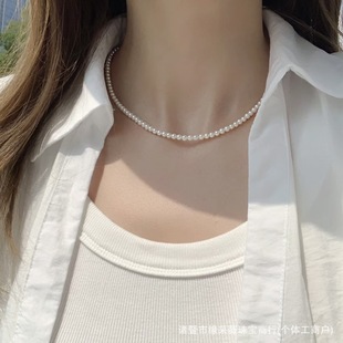 Zhuji Pearl 3-4mm Natural Freshwater akoya Millet Chain Aurora Nearly Round baby Pearl Clavicle Chain Overlapped