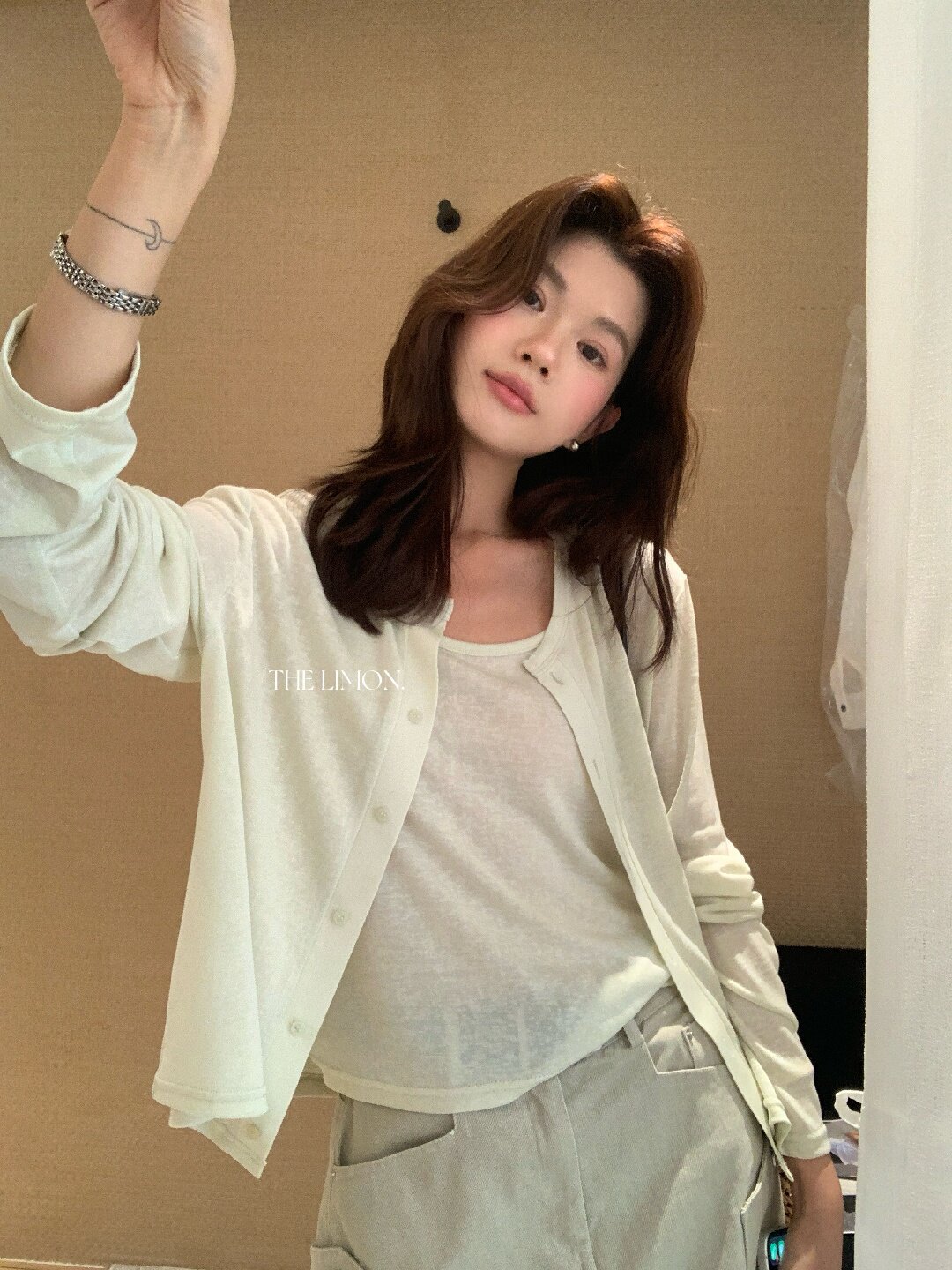 Bộ cardigan len mỏng kèm áo hai dây hai mảnh nữ mùa hè — Xám cacbon, xanh lam, màu hồng, Đậu xanh chi tiết 24