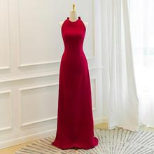 跨境批发酒红色复古挂脖订婚晚礼服新娘婚礼晨袍敬酒服气质礼服裙