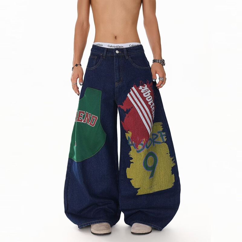 American Retro Niche Design Patchwork Graffiti Print Wide-Leg Jeans Unisex Loose Versatile Long Pants