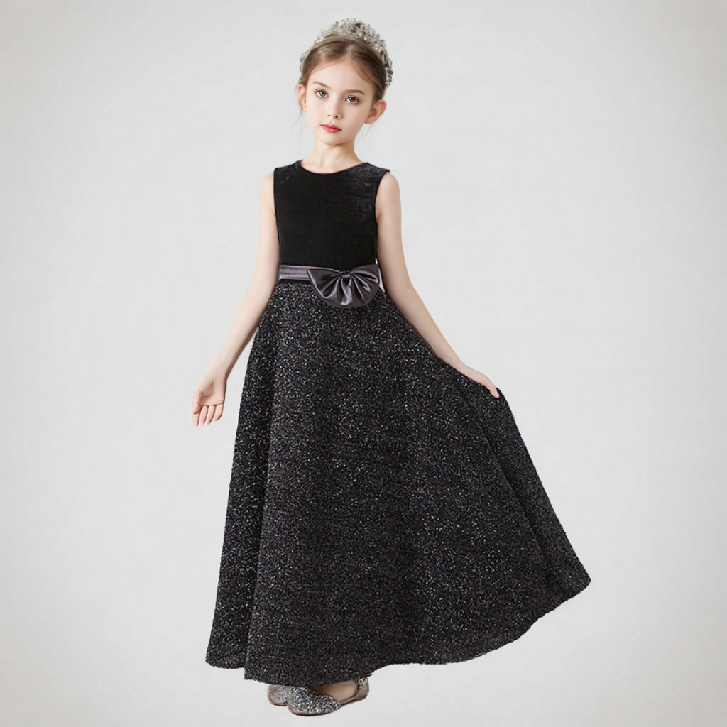 Vestido de cerimónia sem mangas com brilho para menina preto_voghion.com