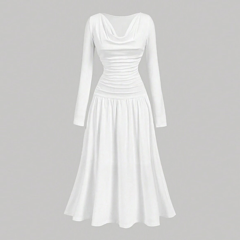 European and American Cross-Border Fashion Elegant Lv Women's Solid Color Ruched Waist Puff Skirt Long Sleeve Long Lv Dress