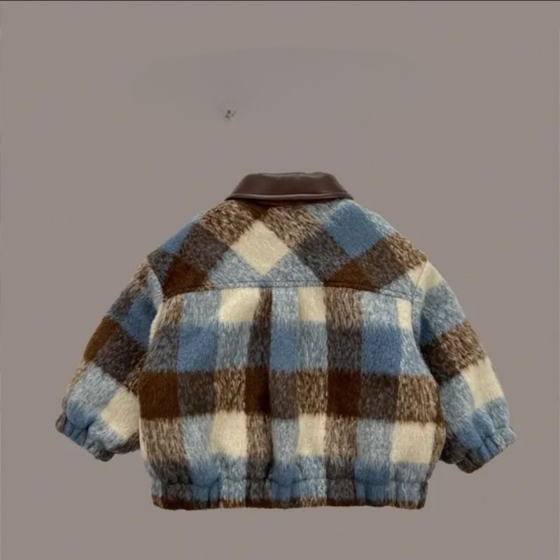 어린이 겨울 2024 새로운 격자 무늬 모직 랩 한국식 재킷 쇼트 코트 두껍게
