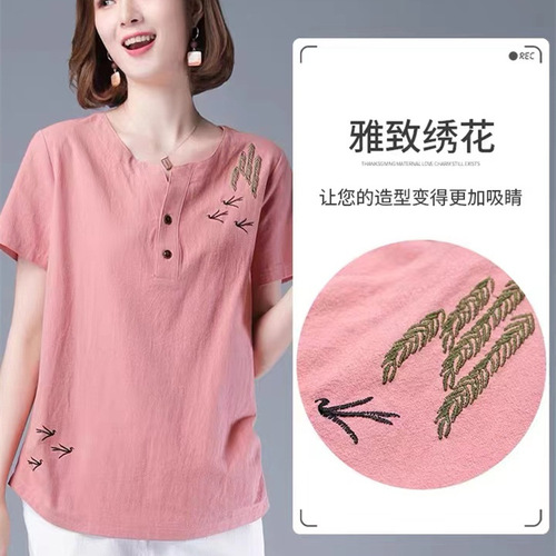 Cotton and Linen Women's Summer T-Shirt for Young Moms, Short-Sleeve Top for Plus Size, High-End Sweatshirt for Middle-Aged Women, Ethnic Style Clothing