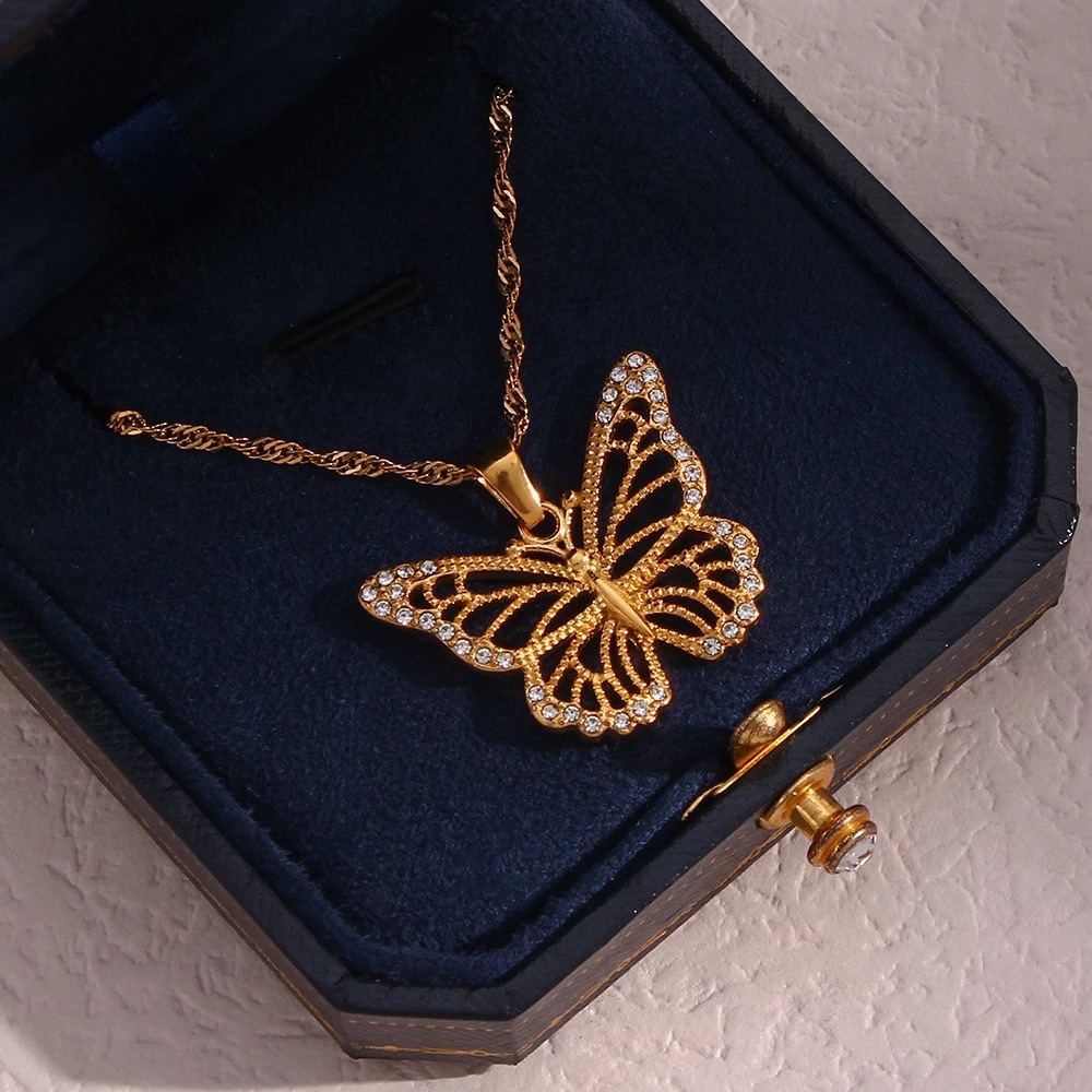 Pendant Necklace Classification cable chain Chain Type 1 Piece Quantity British Style Square Butterfly Titanium Steel Plating Inlay Artificial Gemstones 18k Gold Plated Pendant Necklace