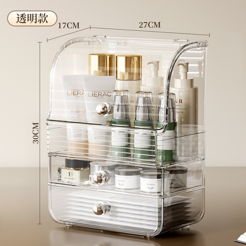 Caja de almacenamiento de plástico de lujo ligero para el hogar Caja de almacenamiento de cosméticos tipo cajón Gabinete de almacenamiento a prueba de polvo de escritorio de alta calidad