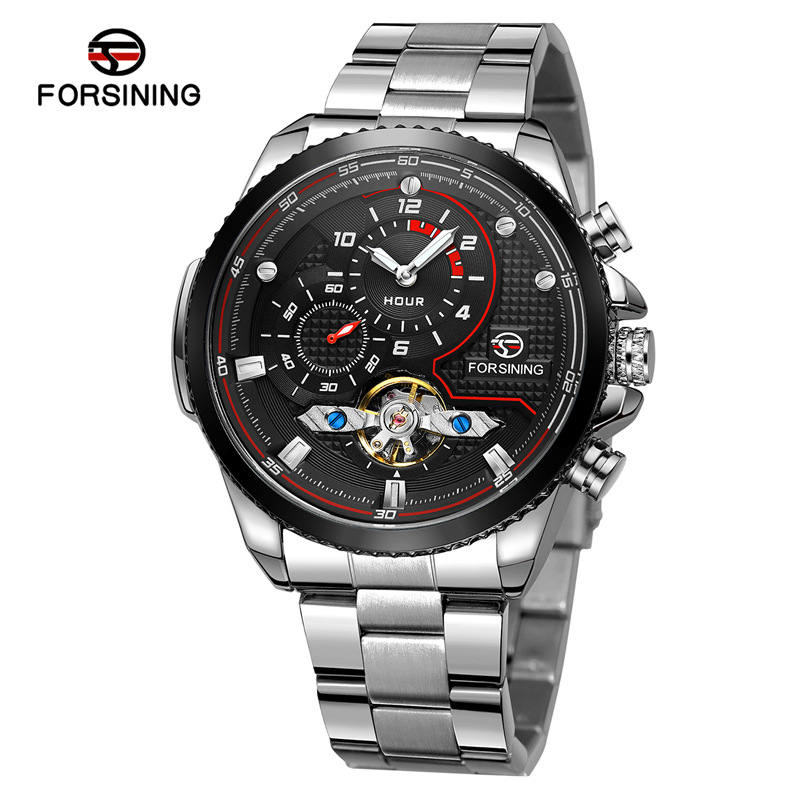 Forsining Fusini 8229 reloj mecánico automático de volante casual para hombre correa de acero reloj transparente