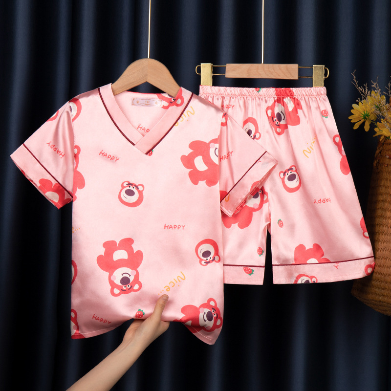 Pijamas de verano de hielo de cuello en V de manga corta delgada para niños, bebés, niños y niñas, simulación de seda set de ropa para el hogar