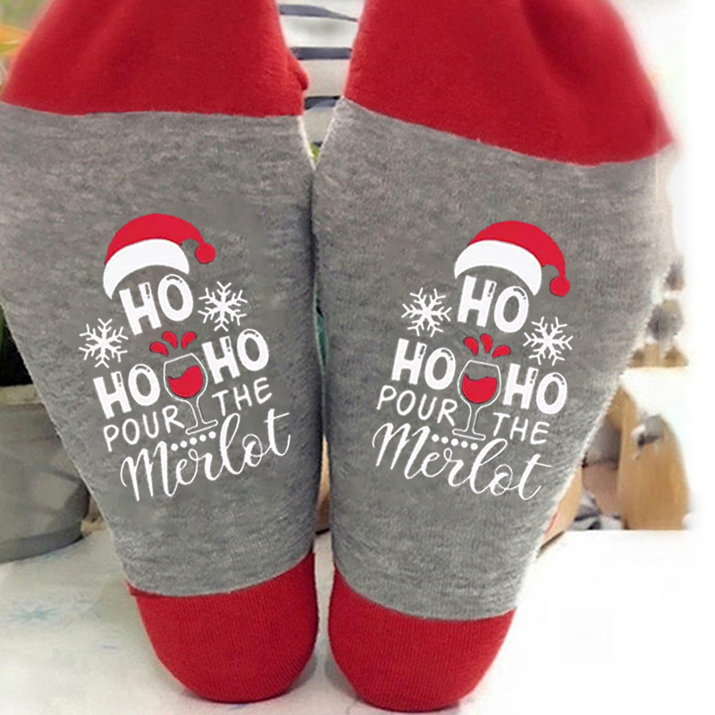 Calcetines navideños con letras de colores en contraste, estampado de muñeco de nieve, calcetines unisex de algodón con elementos navideños para comercio exterior.