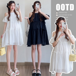 Maternity 2024 Summer New Sweet Fashion Age-reducing Shoulder Loose Large Size Slimming Maternity Dress