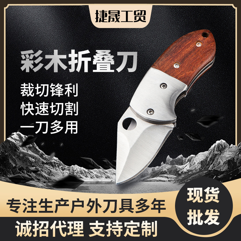折叠小刀户外野炊迷你小折刀防身钥匙刀彩木手柄水果刀户外野营