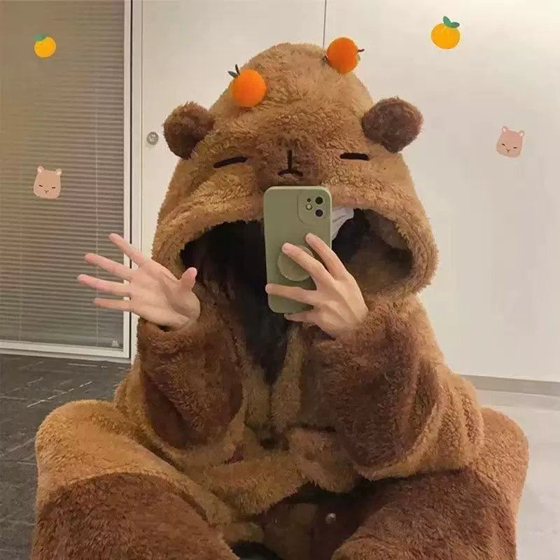 K卡皮巴拉睡袍秋冬季睡袍加绒加厚卡通可爱连帽情侣款珊瑚绒
