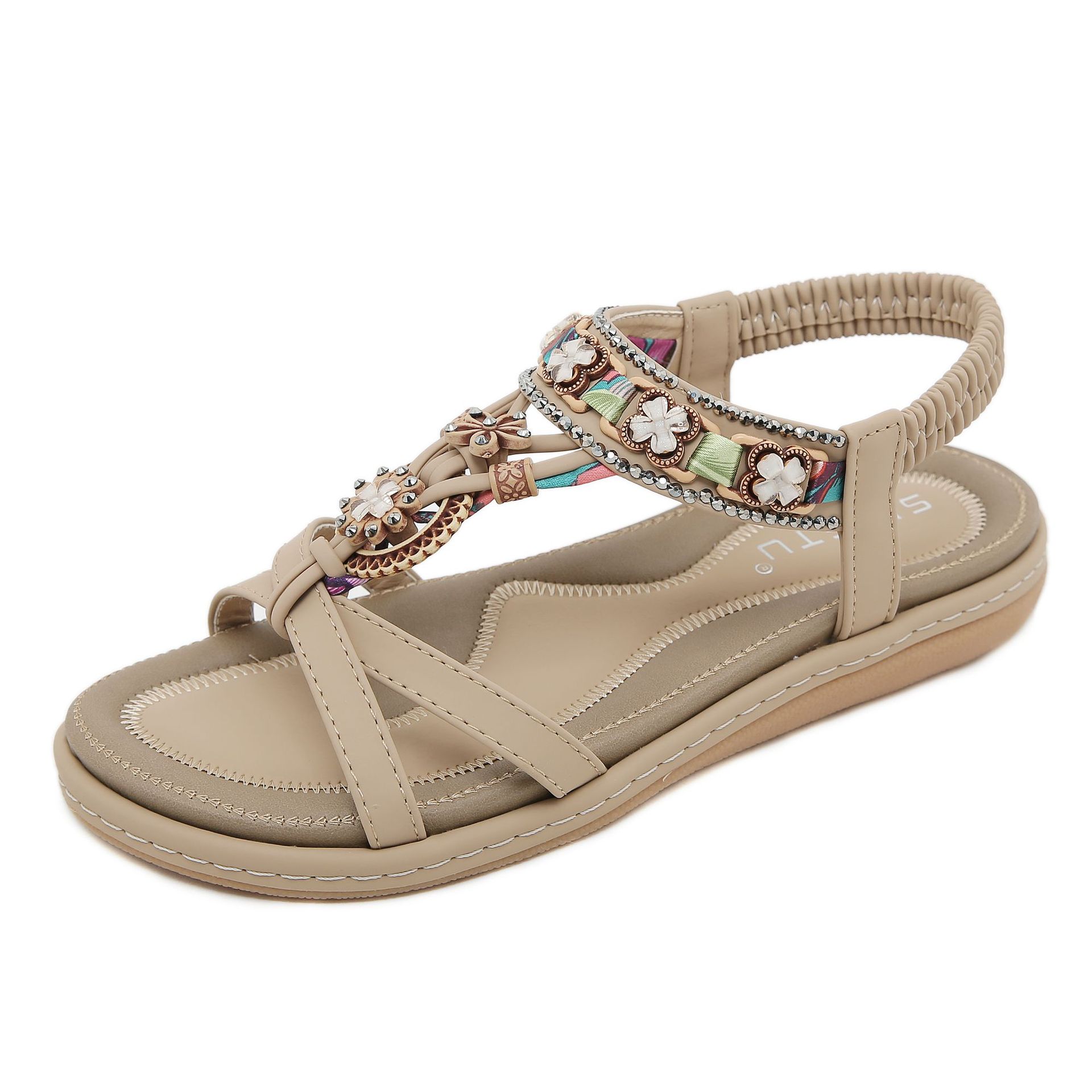 W676-1 nuevo 2024 transfronteriza rhinestone flor casual moda todo partido Sandalias planas de las mujeres Tailandia playa