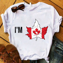 外贸新款wish 女装 欧美 加拿大国庆日印花白色休闲圆领短袖T恤女