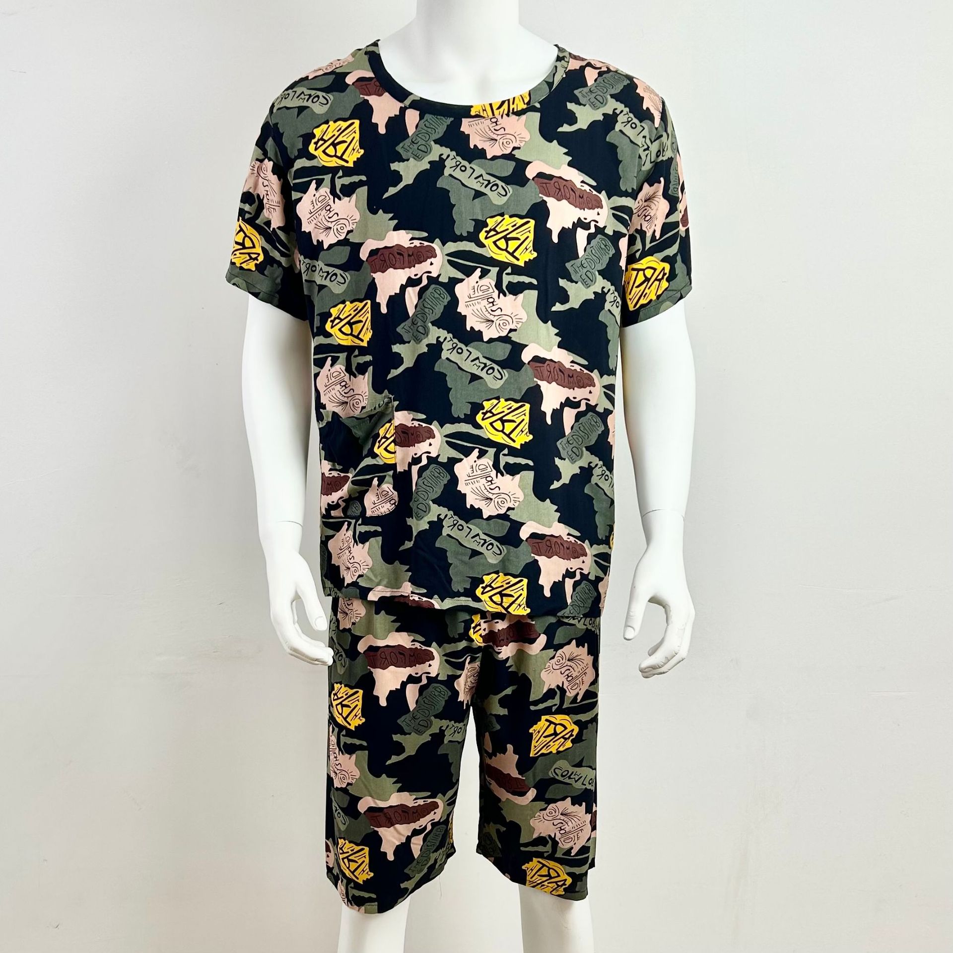 Cotton Silk Men's suit Short-sleeved Shorts Set for Summer Artificial Cotton Pajamas Cotton Silk Cool Two-piece Set for Middle-aged