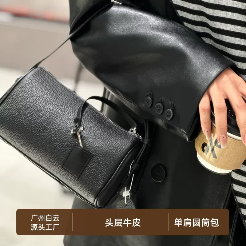 佰缔皮具女包高级感小圆包头层牛皮单肩包斜挎包圆筒通勤包枕头包