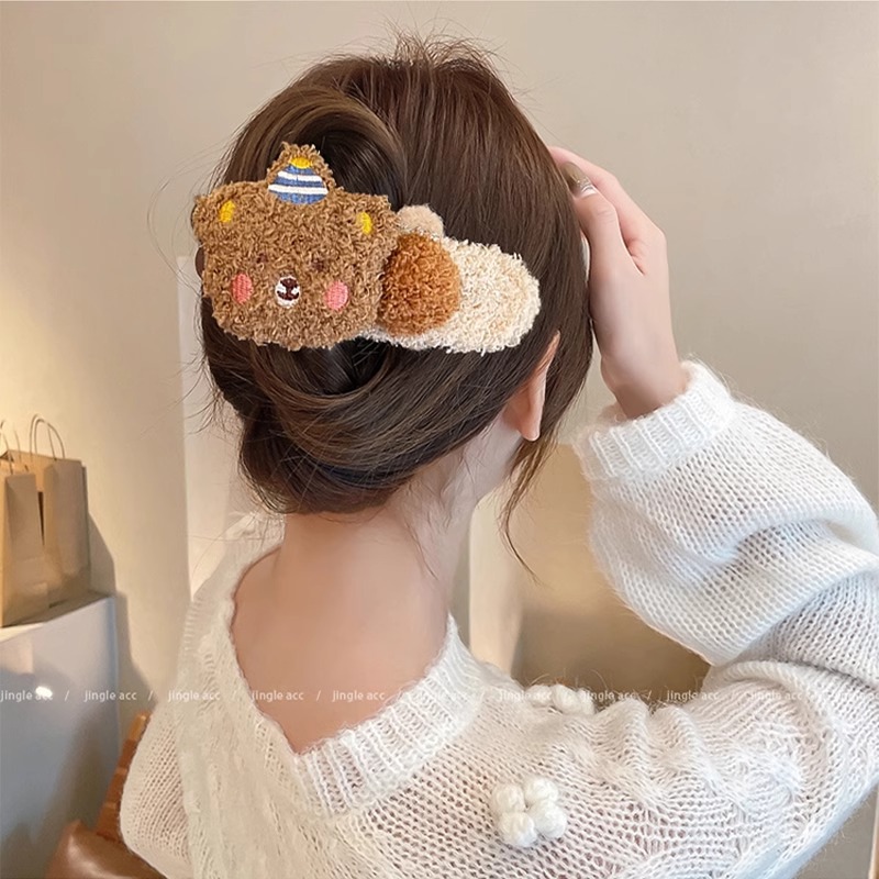 Pinzas para el pelo con forma de moño de felpa para otoño e invierno para mujer, pinzas versátiles tipo pico de pato para cabello grueso, lindas horquillas con forma de oso, accesorios para el cabello.