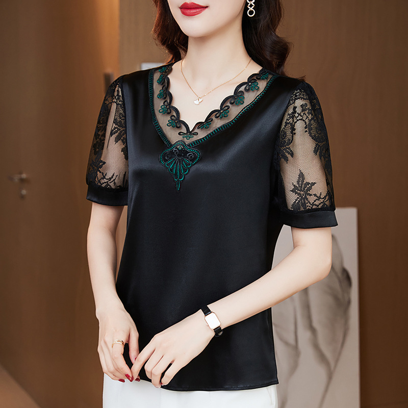 Plus size elastic satin lace stitching inner and outer wear short-sleeved chiffon shirt for women 2023 spring new fashion top