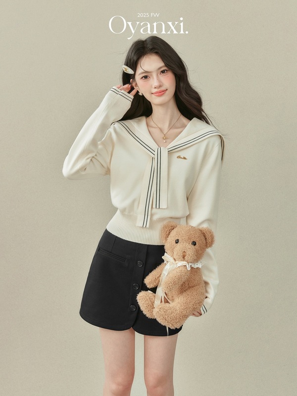 欧阳喜《航海少女》早秋韩系穿搭学院风海军领披肩长袖针织衫上衣|undefined
