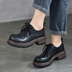 真皮厚底英倫風單鞋女2024春季新款復古擦色手抓紋小皮鞋粗跟低幫