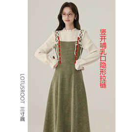 秋冬简约法式复古假两件木耳边领项目哺乳连衣裙气质绿色长裙子