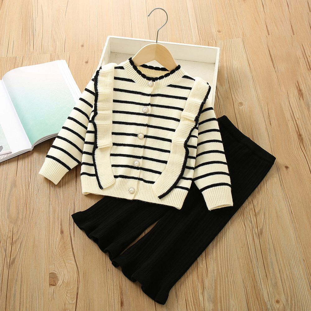 Girls' Sweater S 2023 Winter New Korean Edition Western Style Girl Stripe Wooden Ear Edge Children's Pants Two Piece_voghion.com
