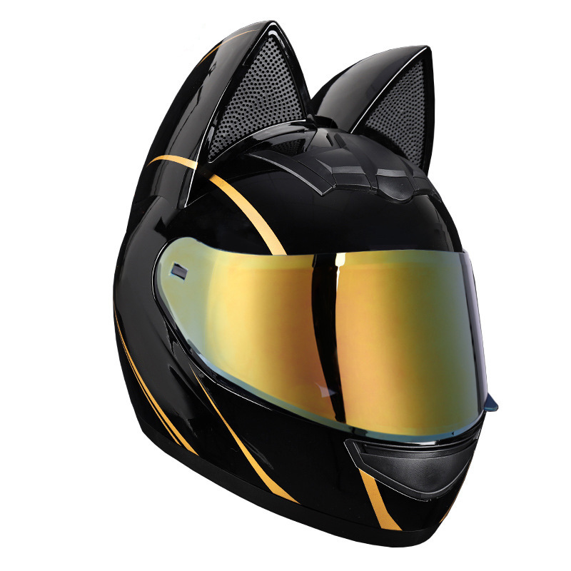 Casco de motocicleta eléctrica HNJ, casco integral con oreja de gato certificado 3C para mujer, verano, se puede equipar con auriculares Bluetooth, casco integral para motocicleta