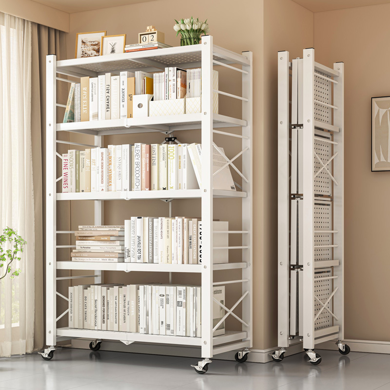 Installation-Free Folding Bookshelf Storage Rack Floor-Standing Iron Movable Shelf Living Room Storage Simple Steel Bookcase Iron