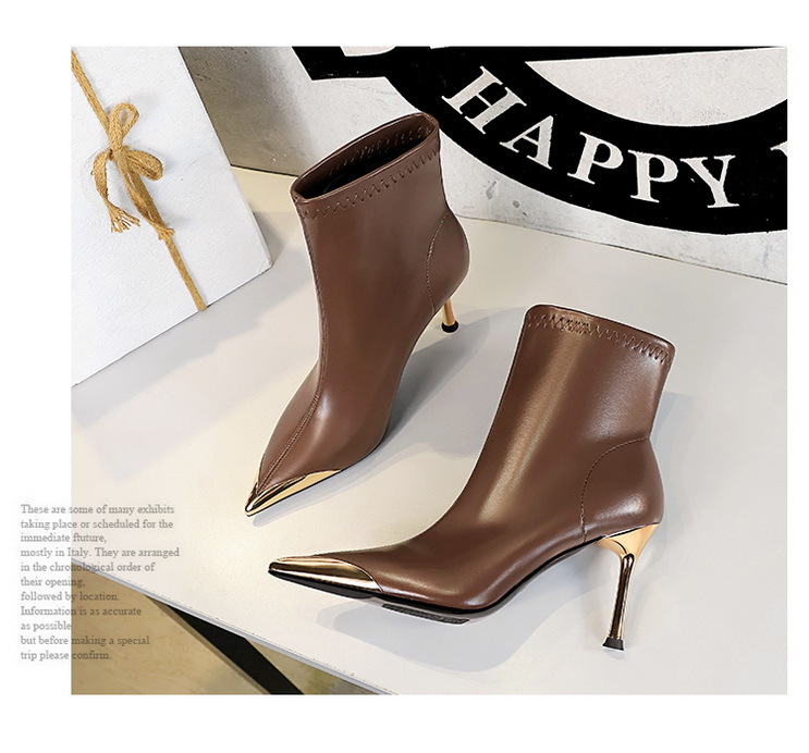 ShoeGlobe 319-11 European And American Style Winter Thin Super High Heel Women's Metal Pointed Iron Toe Fashion Short Boots_voghion.com