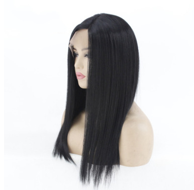 Fibra química europea y americana frente encaje medio negro largo recto peluca de comercio exterior LW0078