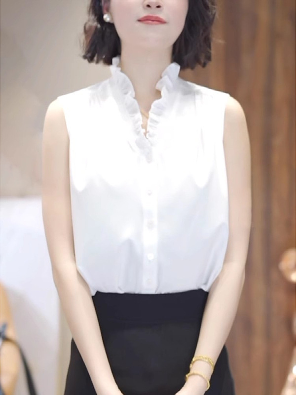 法式白色衬衫女士大码胖夏季设计感洋气减龄木耳边领无袖上衣|undefined